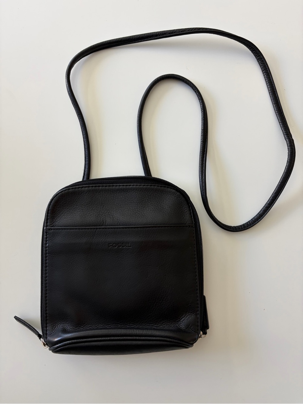 Vtg Fossil Black Leather Zip Around Crossbody Bag Shoulder Purse Wallet